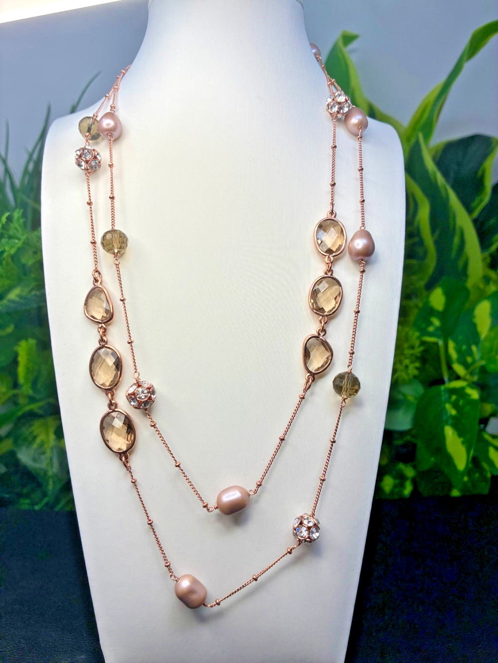 Rose Gold Tone Necklace Smoky Faceted Stones Faux Pearl long or Double Strand